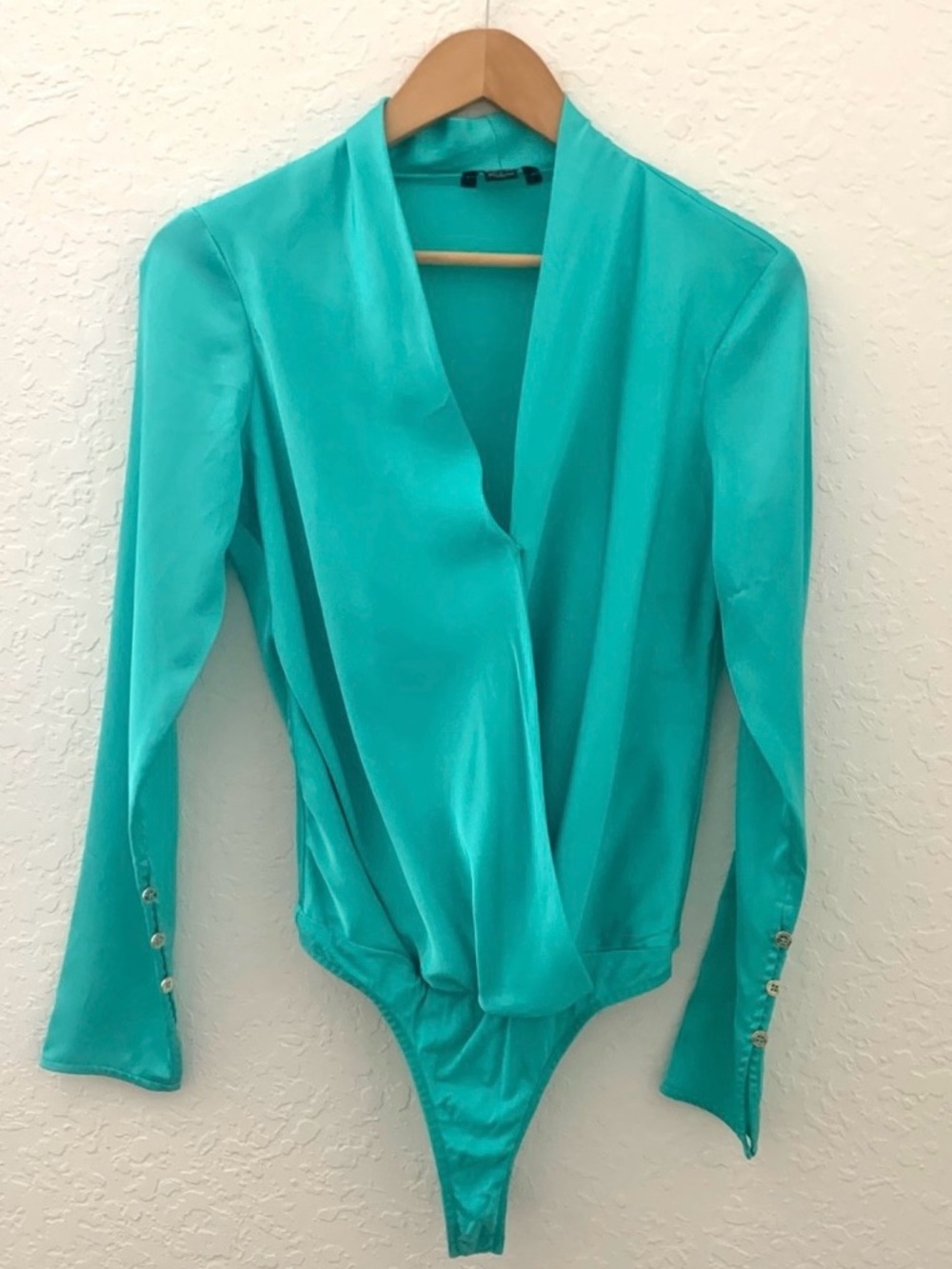 Guess Marciano Silky Teal Green Wrap-Front Blouse Bodysuit